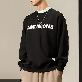 Осенний американский тяжелый черный свитер с круглым вырезом, мужской свободный, большого размера, повседневный, молодежный, с принтом, топ-тренд M