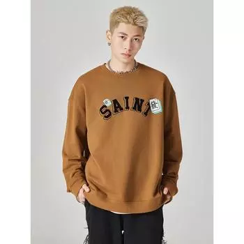 Autumn American Retro Heavy 40G Sweater Men S Loose Large Size Trendy Top Crew Neck Clothes Trendy Brand S коричневый