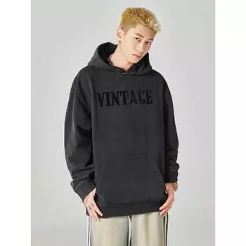 Осенний американский ретро тяжелый 500G свитер с капюшоном мужской свободный большой размер модный топ модная одежда S чёрный