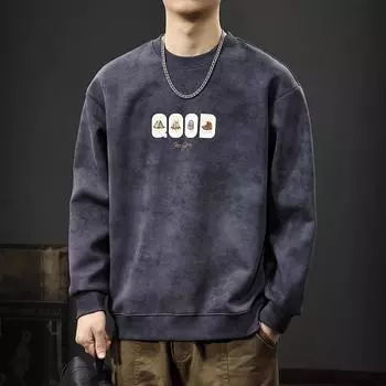 Autumn American Retro Heavy Washed Sweater Men S Trendy Brand Printed Casual Top Loose Round Neck Inner Bottoming Shirt S хаки