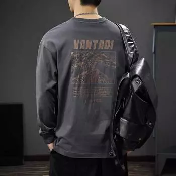 Футболка с длинными рукавами в стиле ретро с принтом от Autumn American, мужская свободная, большого размера, из плотного хлопка, свитер с круглым вырезом M серый