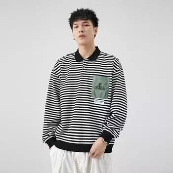 Autumn American Striped Polo Shirt Long-Sleeved Men S Loose Plus Size Sweater Heavy Trendy Men S Lapel Top M