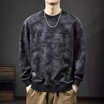 Осенний американский модный брендовый свитер с узором «тай-дай» из стали, мужской тяжелый ретро-топ с круглым вырезом, дизайнерская куртка-пуловер Sense Ruffian Handsome S хаки