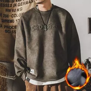 Осенне-зимний американский 350G тяжелый свитер мужской свободный замшевый 3D стальной принт модный бренд ретро бархатный топ для мужчин M темно-зеленого