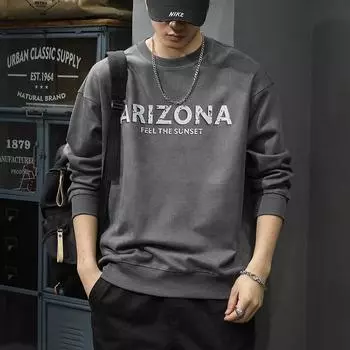 Футболка мужская из толстой американской замши, осень и зима, свободный свитер больших размеров с принтом букв и круглым вырезом, длинный рукав S