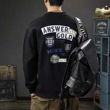 Осень И Зима Американский Хай-стрит Принтованный Свитер Мужской Студенческий Стиль Повседневный Топ Осенняя Тяжелая Свободная Куртка-Пуловер M