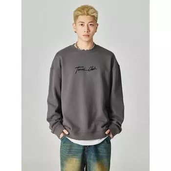 Autumn And Winter American Retro Heavy 40G Sweater Men S Loose Large Size Trendy Top Crew Neck Clothes Trendy Brand S серый