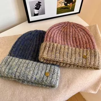 Autumn and winter atmosphere color matching knitted hat children thickened warm ear protection small wool hat M56-58cm тёмно-синий