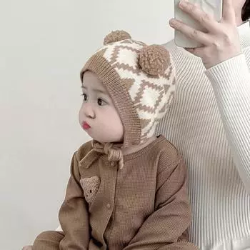 Autumn and winter baby hat baby wool hat winter infant boy treasure ear hat female treasure cute knitted hat Suitable for 5 months-3 years old 45-50cm strap-on