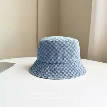 Autumn and Winter Baby Hat Boy Gingham Kid Bucket Hat Korean Style Easiest for Match Casual All-Matching Sun-Proof Girl Western Style Bucket Hat Light Blue 51-53cm