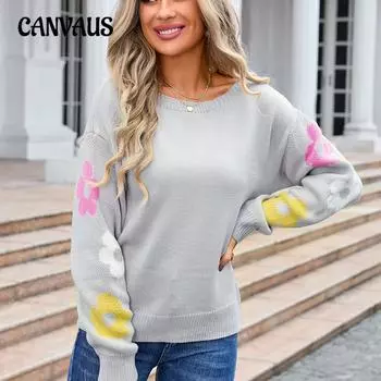 Осень и зима Большой размер Женский свободный пуловер Свитер Рукава Цветы Однострочный воротник Трикотаж S белый