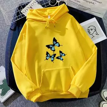Autumn and winter black and blue butterfly print hoodie sweatshirt for men and women couples Korean style trendy tops S