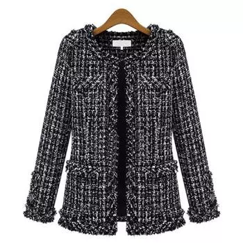 Осенне-зимнее женское пальто из твида в черно-белую клетку большого размера S чёрный