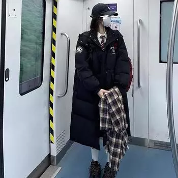 Осенне-зимняя черная длинная куртка-пуховик, модная женская одежда, теплая куртка длиной до колена, пуховое пальто, хлопковая куртка XL чёрный