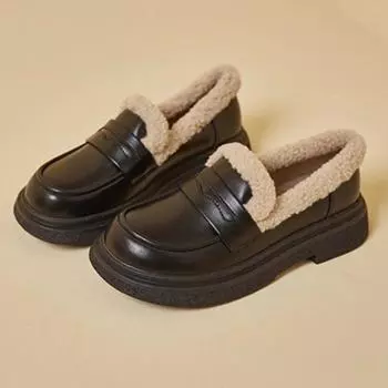 Autumn and Winter British Style Small Leather Shoes for Female New Student s Japanese Vintage Plush Warm Cotton Shoes for Women 35 коричневый