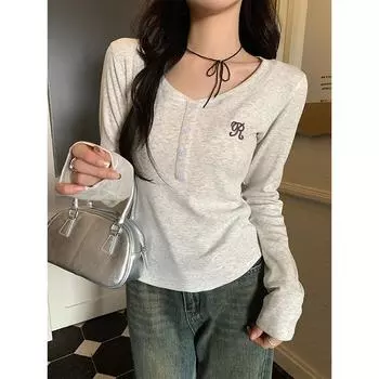 Autumn and winter brushed thickened warm half-open collar embroidered long-sleeved bottoming shirt for women slim fit short top for small people S