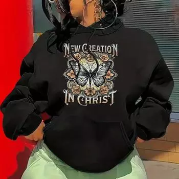 Autumn And Winter Butterfly Letter Fashion Printed Shoulder Sleeves Fleece Hooded Sweater Plus Size Women S Clothing XS серый