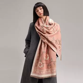 Autumn And Winter Camellia Retro National Style Texture Printing Double-Sided Warm Scarf Shawl 185cm серый