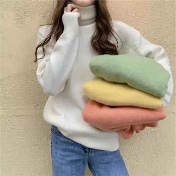 Autumn and Winter Casual Loose Wild High Neck Thickened Long-sleeved Knit Sweater Outside Sweater Women One Size белый