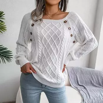 Autumn And Winter Casual Square Collar Buttoned Twist Knitted Pullover Sweater S синий