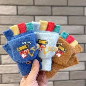 Осенне-зимние детские перчатки, мультяшный узор экскаватора, красочные вязаные перчатки без пальцев, теплые и холодостойкие плюшевые варежки-трансформеры One size