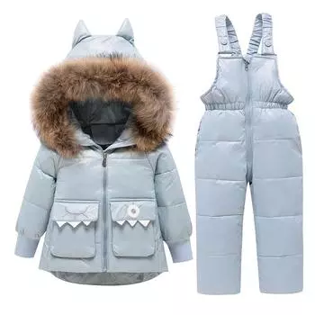 Autumn and Winter Children s Solid Colour Thickened Loose Hooded Warm Outerwear + Slim Warm Trousers Two Piece Set 120cm