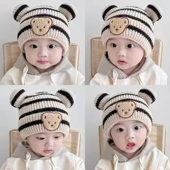 Autumn and winter children s warm hat cute striped bear hat baby double ball knitted hat men s and women s treasure hats One Size бежевый