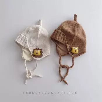 Autumn and winter children s wool hats, cute little lions, boys and girls, knitted hats, thermal pacifier hats, ear protectors. Recommended 6-24 months - 45-48CM