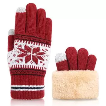 Autumn and Winter Cold Proof and Warm Knitted Gloves Christmas Style Plus Velvet Thickened Double Layer Touch Screen Gloves for Adults One Size