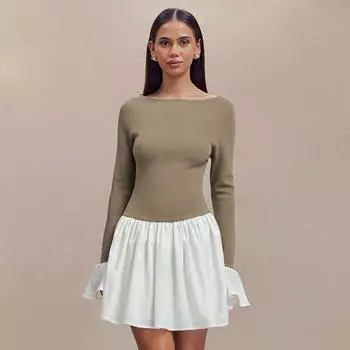 Autumn and Winter Color Splicing Temperament Ruffled Dress Women s Crew-neck Flared Sleeve Knitted Dress S коричневый