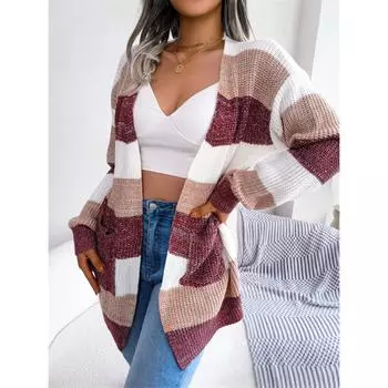 Autumn And Winter Contrast Striped Lantern Sleeve Casual Cardigan Sweater Jacket S винный