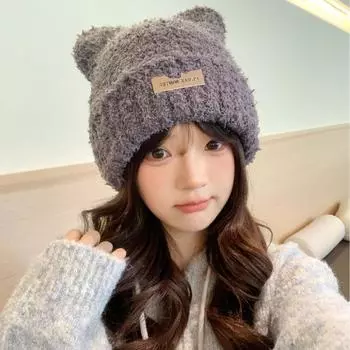 Autumn and winter cute bear hat plush new knitted hat versatile warm ear protector thickened fashionable student hat One Size чёрный