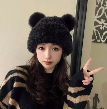 Autumn and winter cute bear plush ear protection knitted hat children versatile warm double hairball wool hat tide One Size белый