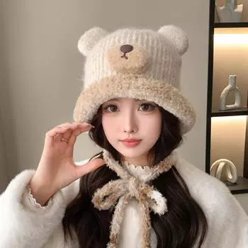 Autumn and winter cute bear plush hat female face small warm plush hat ear protector tether wool hat M56-58cm чёрный