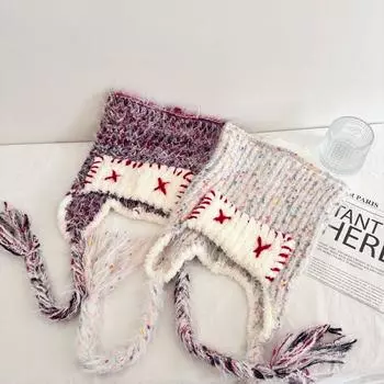 Autumn and winter cute cartoon hand-woven straps wool hat women s winter windproof, warm versatile knitted hat M56-58cm синий