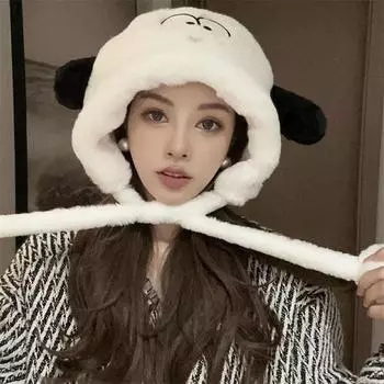 Autumn and winter cute cartoon puppy plush hat female girlfriend warm thickened ear hat versatile hat student tide M56-58cm белый