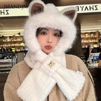 Autumn and winter cute furry fox ears hat cycling warm versatile ear protector face small two-piece set Lei Feng hat one size fits all белый
