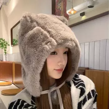 Autumn and winter cycling thickened warm and cold ear protection hat shows the face small Lei Feng hat cute cat ears plush hat female M56-58cm чёрный