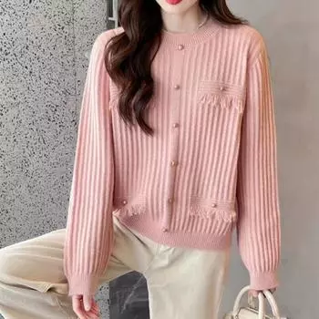 Осенне-зимний дизайн, круглый вырез, длинный рукав, однотонный вязаный свитер, женская куртка, свободный повседневный универсальный топ прилив One Size розовый