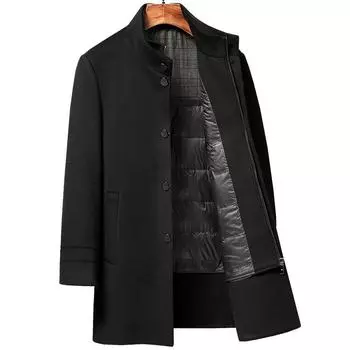 Осенне-зимний двусторонний шерстяной свитер мужской средней длины с воротником-стойкой, который можно снять, подкладка на пуху 170 чёрный