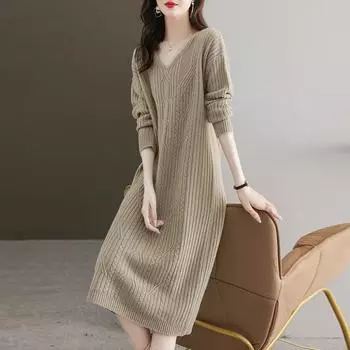 Autumn and winter dress women s long knee lazy sweater skirt new with coat with knitted bottom skirt One Size