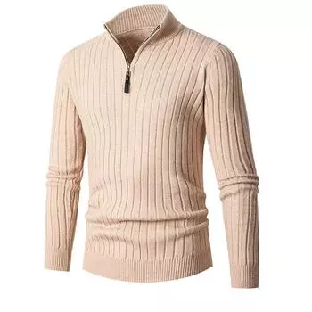 Autumn and Winter European and American Men s Long-sleeved Vertical Strip Semi-turtleneck Zipper Bottomed Knitted Sweater Men s Sweater M белый