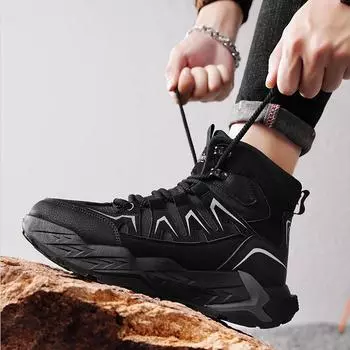 Autumn and winter European station men s shoes thick-soled medium-top non-slip outdoor boots pure black dirt-resistant dad shoes fashionable casual 39 чёрный