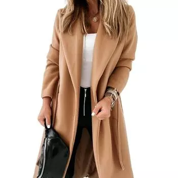 Autumn and Winter Extra Long Woolen Women s Coat Large Size Lace-up Coat M