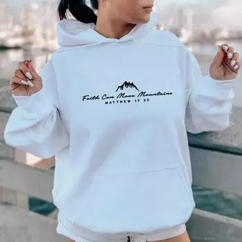 Autumn And Winter Faith Can Move Mounta Printed Hooded Shoulder Sleeve Fleece Sweater XS серый