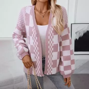 Осенне-зимний модный повседневный свитер, свободный кардиган с V-образным вырезом в клетку и цветными блоками для женщин S розовый