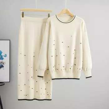 Autumn and Winter Fashion High-waisted Loose Slimming Beaded Knitted Top Half-length Set of Two Pieces one size