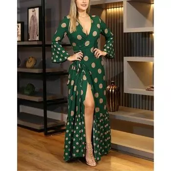 Autumn and Winter Fashion Long Sleeve Tied V Neck Print Dress Green 2XL