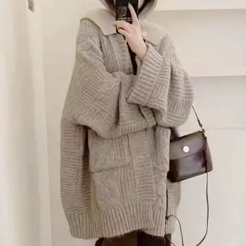 Autumn and winter fashion mid-length thick sweater outerwear, intellectual and elegant ladies knitted cardigan6936# One size