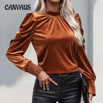 Осенне-зимняя мода женские бархатные однотонные топы со средним воротником и длинными рукавами S